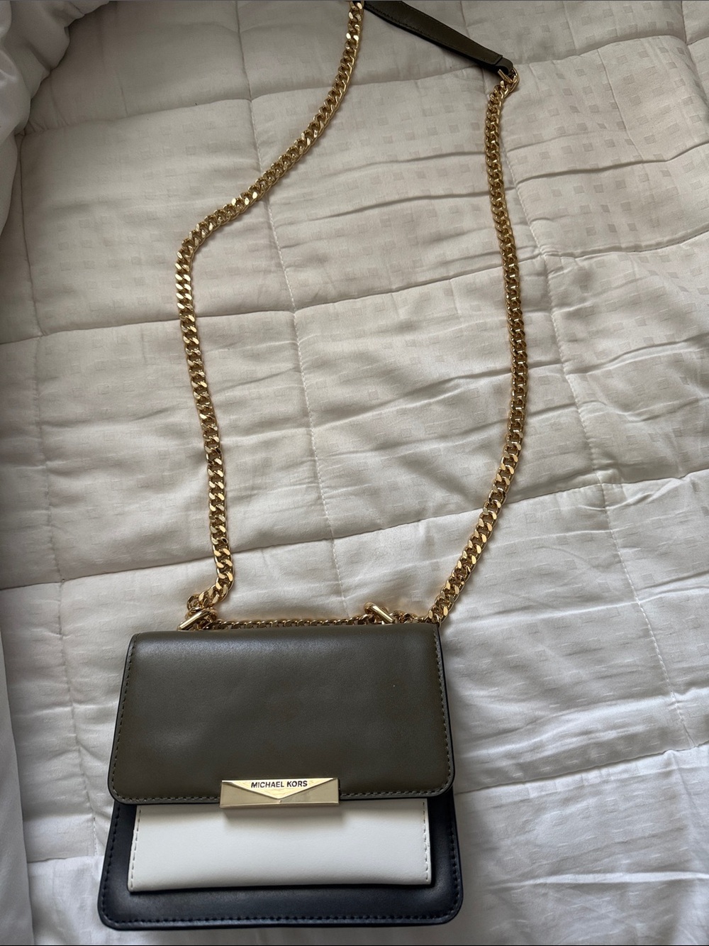 Michael Kors Olive, White & Black Leather Chain Crossbody Bag